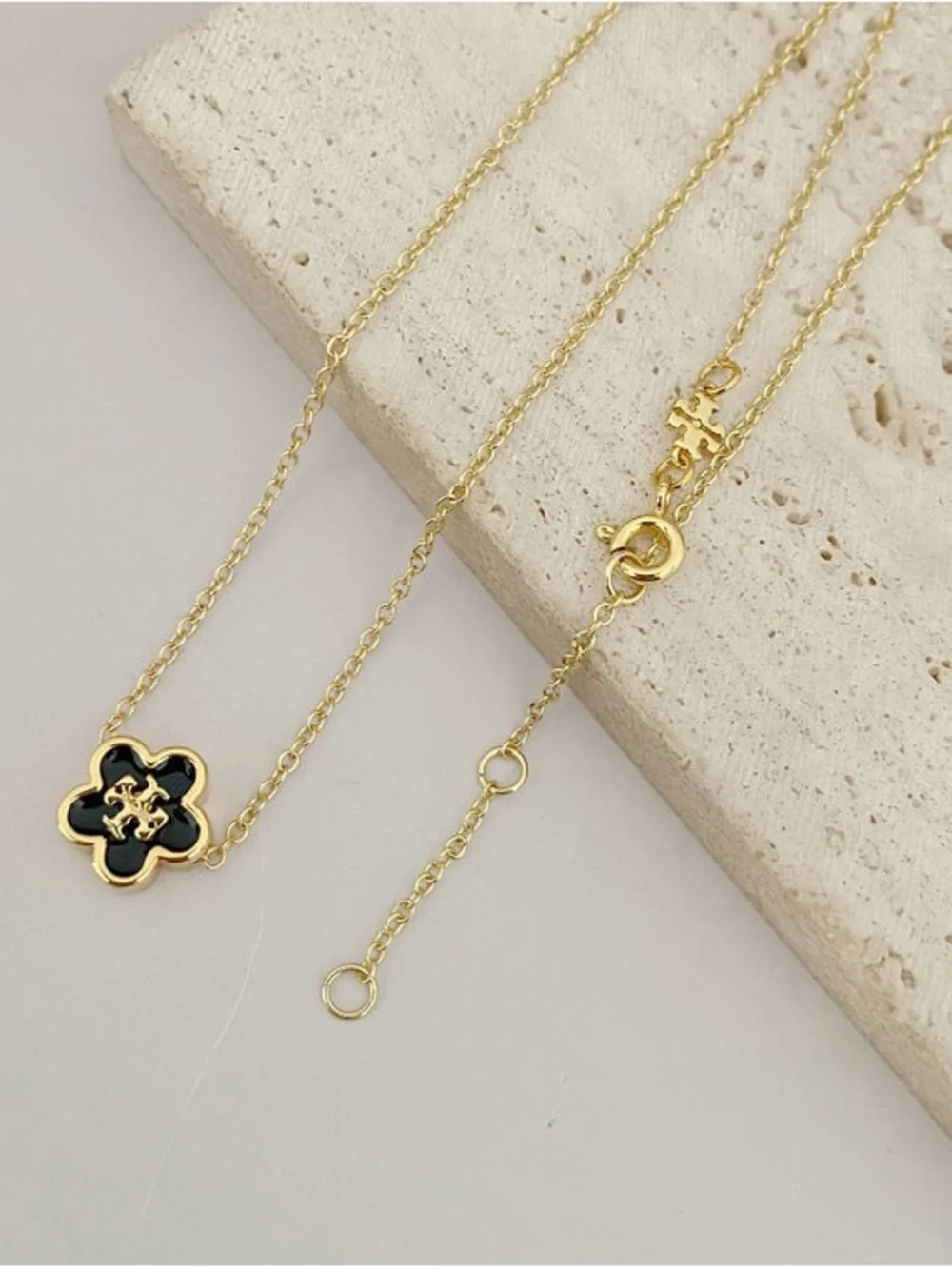 Tory Burch Gold-Tone Necklace with Black Enamel Clover Pendant